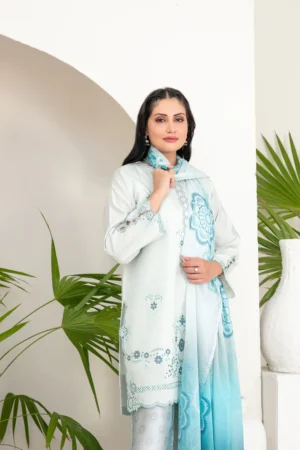 Kamari – 3 Piece Unstitched Embroidered Cotton Khadi Suit with Digital Printed Dupatta by Tawakkal Fabrics