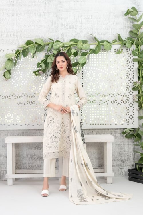 Zarida – 3 Piece Unstitched Embroidered Bana Dora Lawn Suit with Banarsi Dupatta by Tawakkal Fabrics
